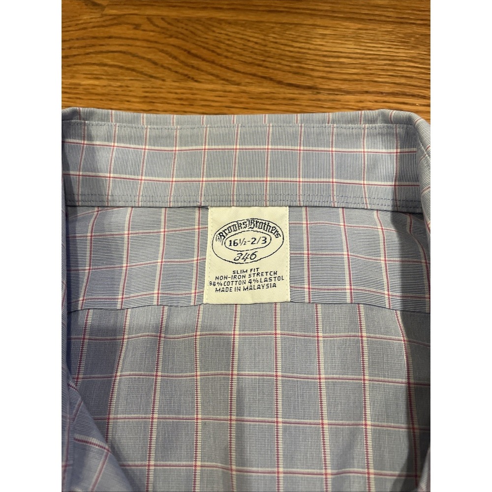 Brooks Brothers 346 Men's Slim Fit Stretch Shirt Blue Plaid Size 16.5 2/3 - Picture 4 of 8